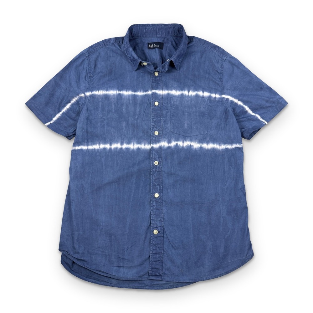 Gap Tie Dye Button Down Mens M Navy Blue Short Sleeve Poplin Shirt